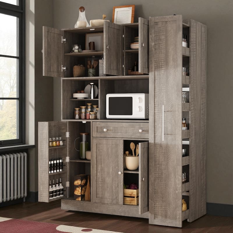 52.8" Farmhouse Buffet Cabinet with Hutch, Kitchen Pantry Storage Cupboard with Pull-Out Side Cabinet, Door Shelves and Drawer