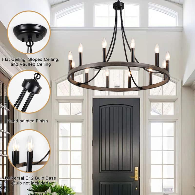 12-light Rustic Farmhouse Wagon Wheel Chandelier Candle Dining Room Lighting - N/A