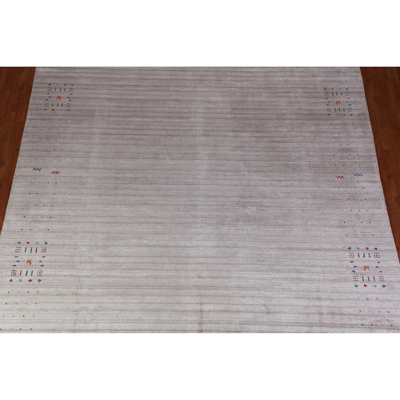 Striped Gabbeh Indian Area Rug Hand-Knotted Grey Modern Wool Carpet - 9'2" x 12'3"