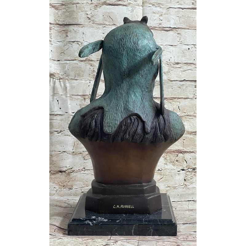 Native American Indian In Wolf Headdress Bronze Bust Statue Sculpture 14 Inches X 8 Inches