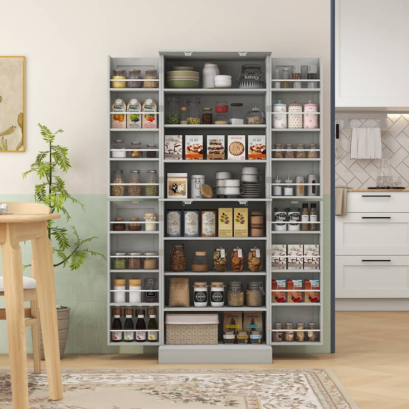 65" Kitchen Pantry Cabinet, Modern Storage Cabinet with Doors and Shelves, Freestanding Cupboard for Dining Room, Gray