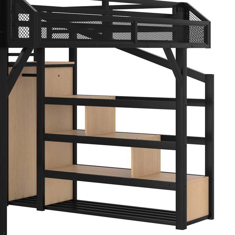 Noise-reduced Design Metal Loft Bed Frame with Storage Stairs, Shelves, Built-in Wardrobe, Light Strip and Charging Station