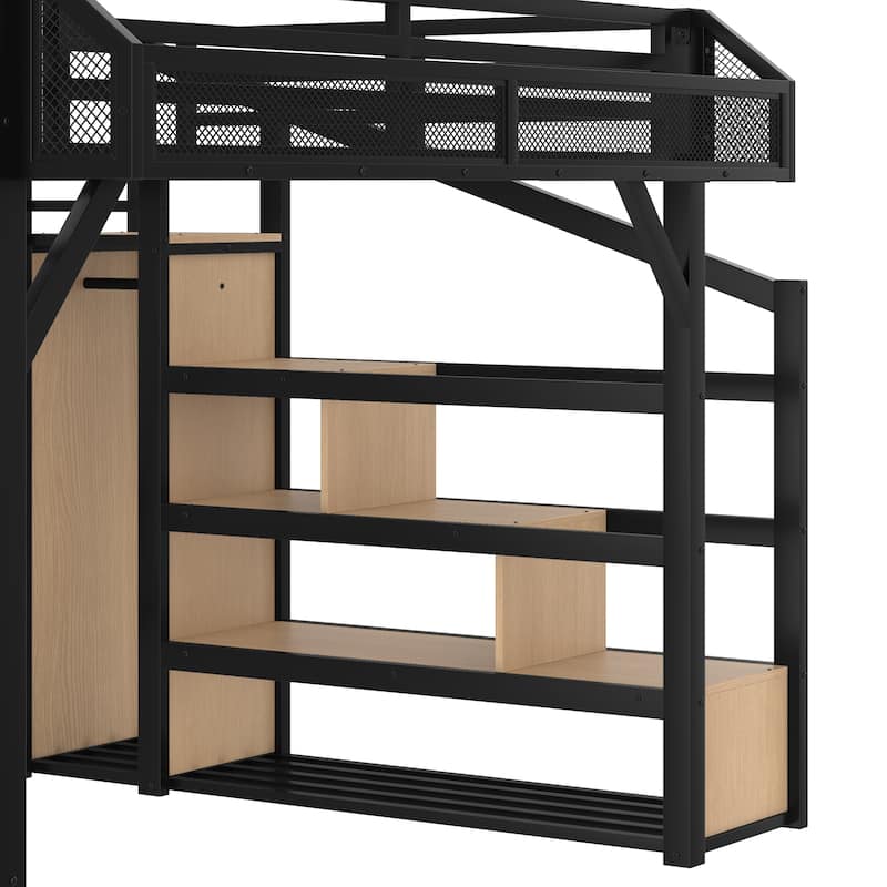 Queen Loft Bed with Wardrobe & Storage Stairs, Metal Frame with USB Ports & LED Lights