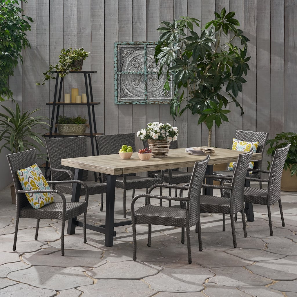 Jefferson Outdoor 8 Seater Wood and Wicker Dining Set by Christopher Knight Home