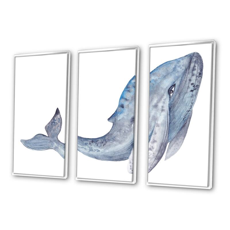 Designart "Large Whale Watercolor" Animal Framed Canvas Wall Art Set of 3 4 Colors of Frames