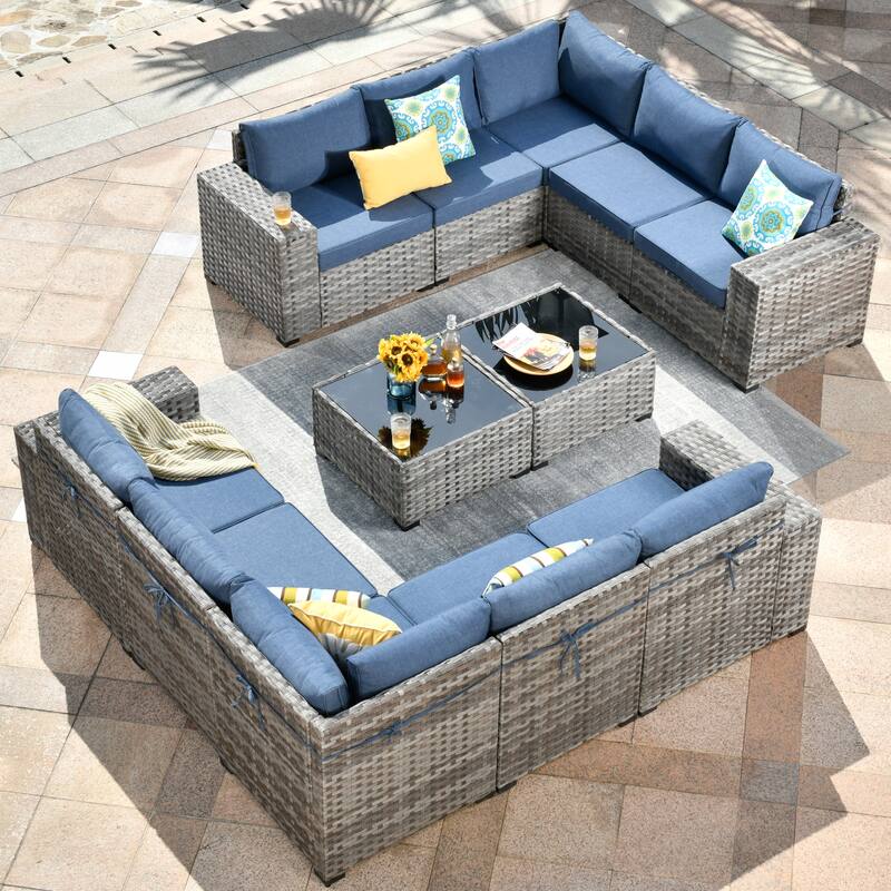 OVIOS Patio Wicker Furniture Wide Arm 12-piece Set with Table - Denim Blue
