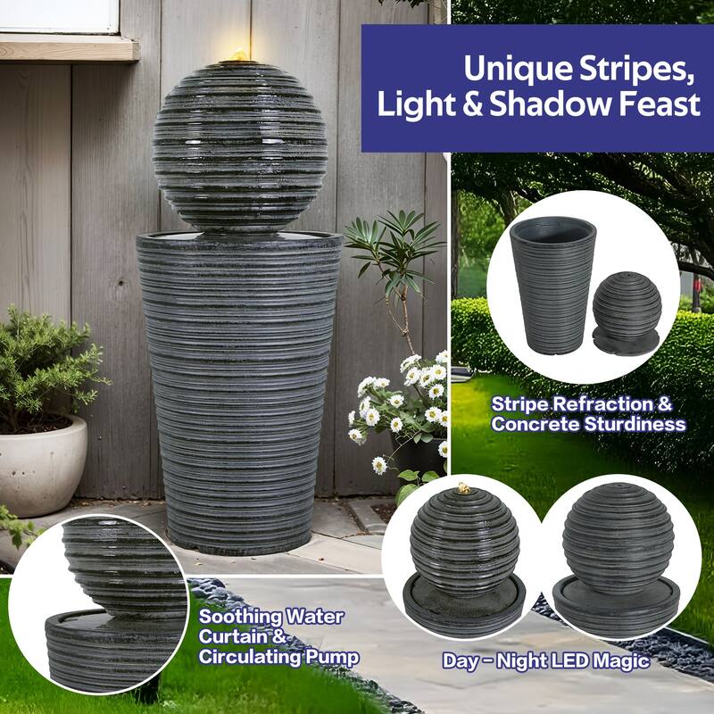 Roomfitters 31.5-Inch Tall Striped Column Outdoor Fountain with LED Lights, Concrete Modern Art Sculpture & Water Feature, Gray