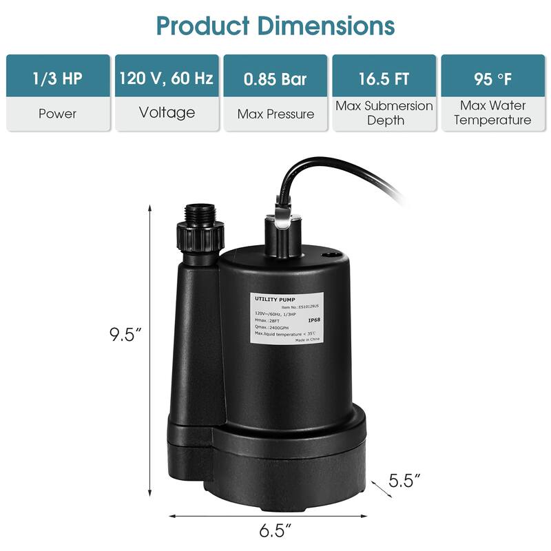 Costway Submersible Utility Pump 1/3HP 2400GPH Portable Electric Water