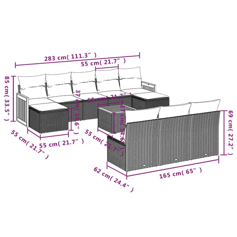 vidaXL Patio Sofa Set with Cushions Outdoor Conversation Furniture Poly Rattan - 21.7 x 21.7 x 14.6