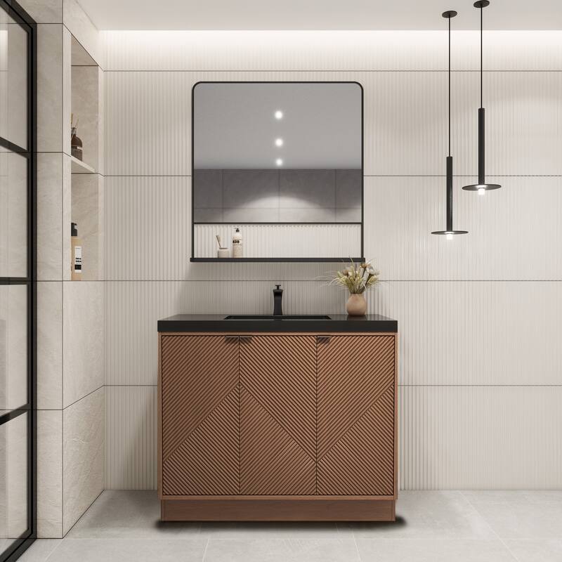 Milano 42" Freestanding (L) Bathroom Vanity with Black Acrylic Sink - 41.73" x 19.49" x 35.46'' - Brown