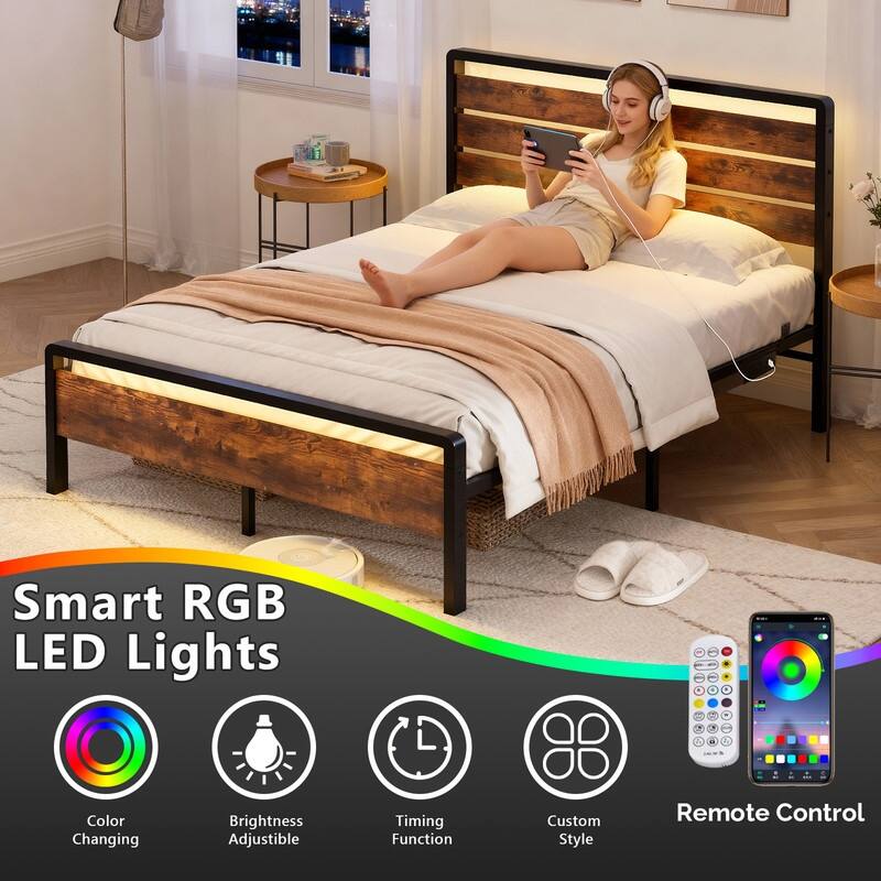 Bed Frame with LED Light and Charging Station, Metal Platform Bed with Wood Headboard