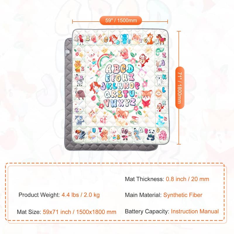 Multi-Color Synthetic Fiber Baby Play Mat with Anti-Slip and Machine Washable - 71” L x 59” W