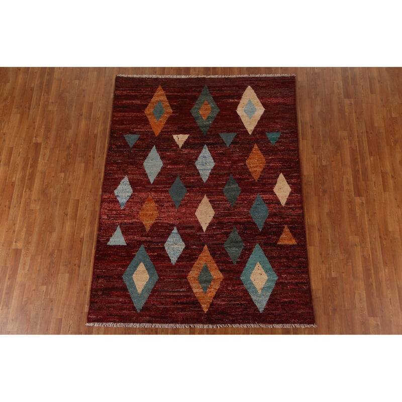 Hand Knotted Oriental 100% Wool Carpet Modern Tribal Red Moroccan Area Rug - 7' 7'' X 5' 9''