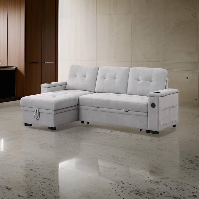 Lna 84 Inch Sectional Sofa, Pull Out Bed, Storage Chaise, USB, Light Gray