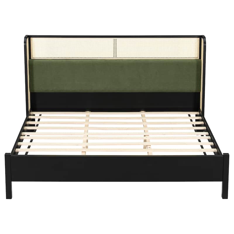 Christopher Knight Home - Mid-Century Upholstered Wood Low-Profile Platform Bed with Rattan Weaving Headboard