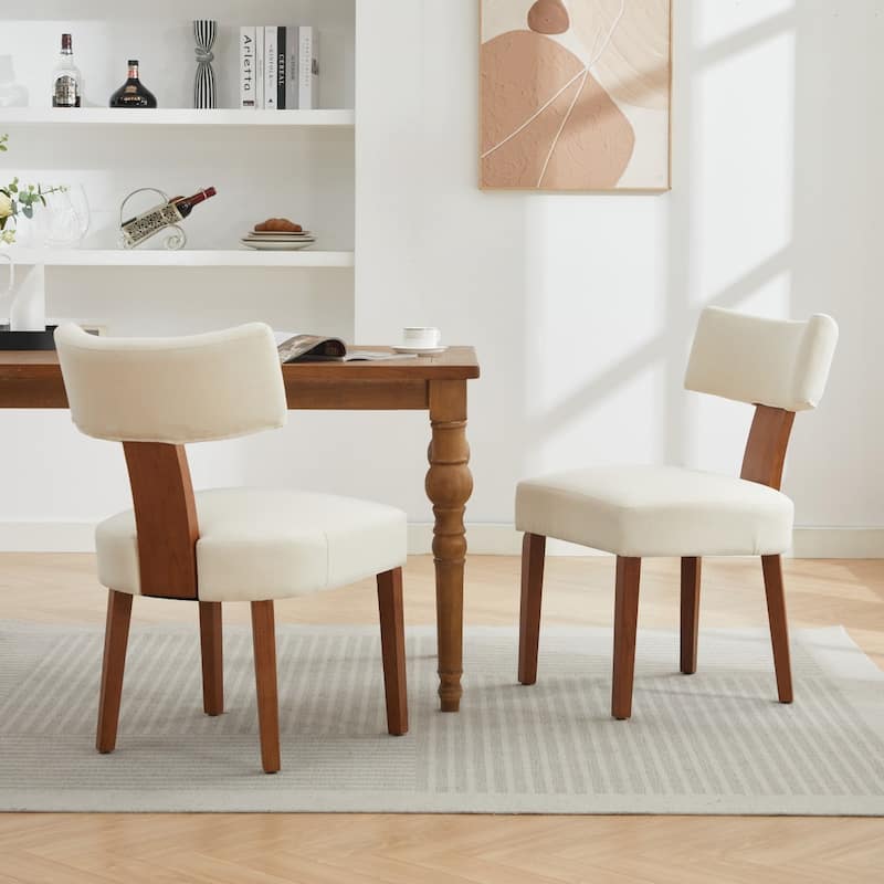Set of 2 Upholstered Dining Chairs with Curved Backrest, Wooden Legs - Beige