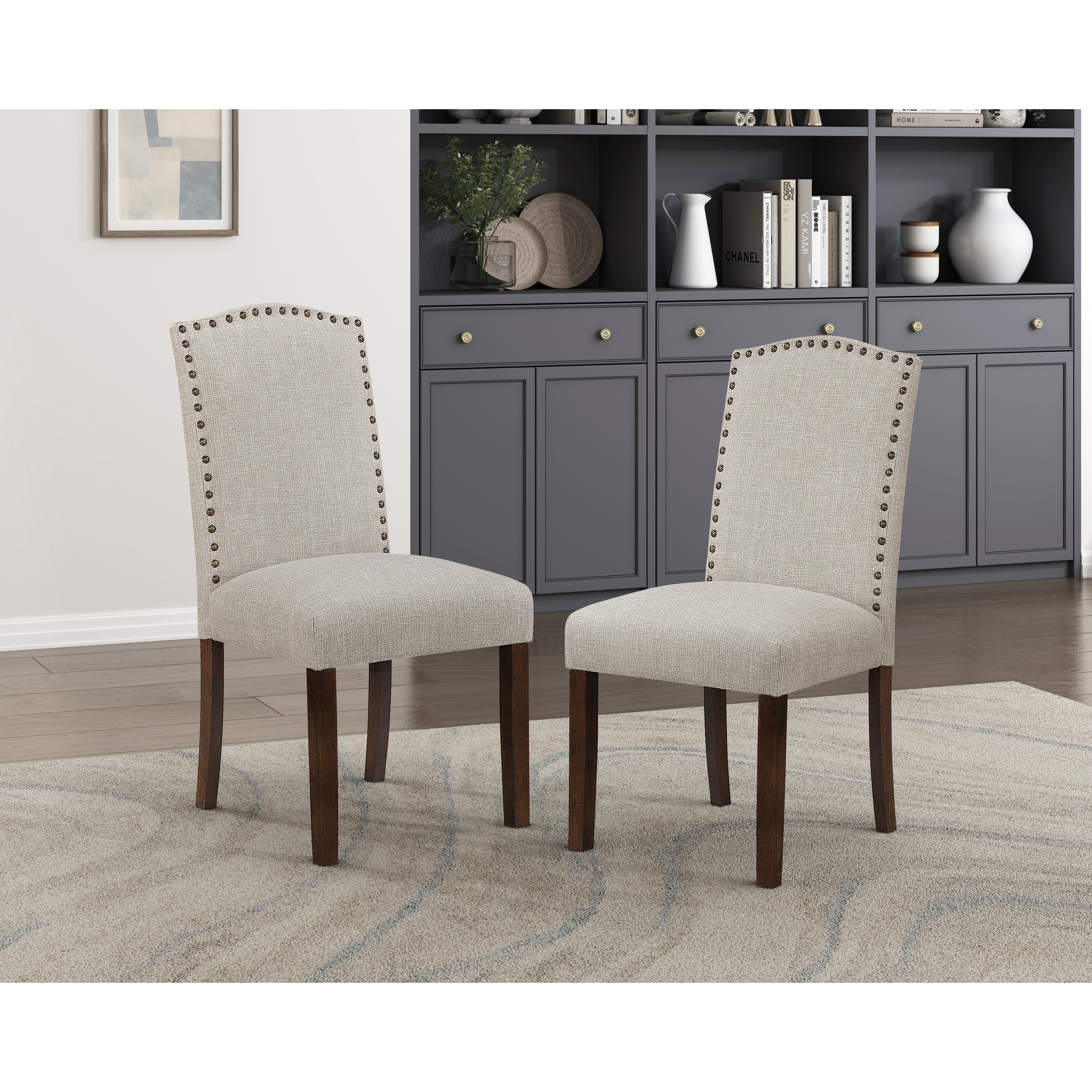 5pc Dining Set Dark Brown Finish Table and Taupe Fabric Upholstered 4x Side Chairs Wooden Modern Dining Kitchen Furniture