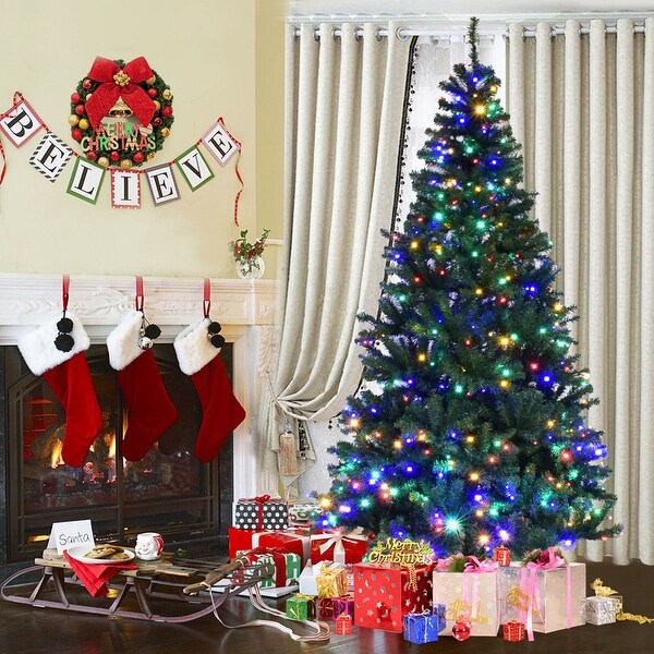 Costway 7' Pre-Lit Artificial Christmas Tree Premium Hinged w/ 500 LED Lights & Stand