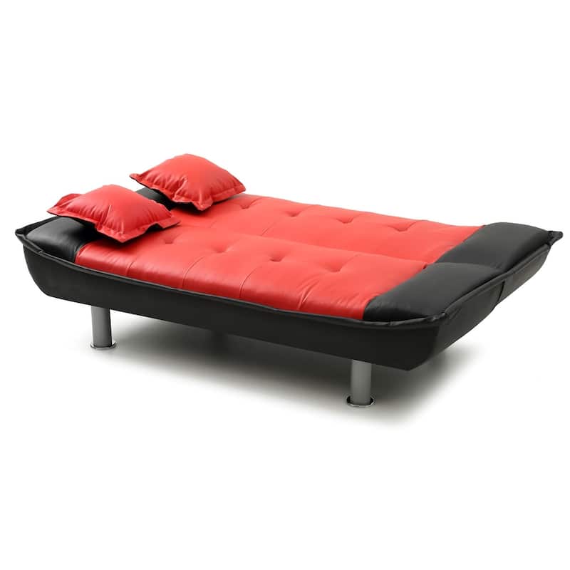 Armless Faux Leather Tufted Straight Sofa with Pillows - 74" - Red and Black