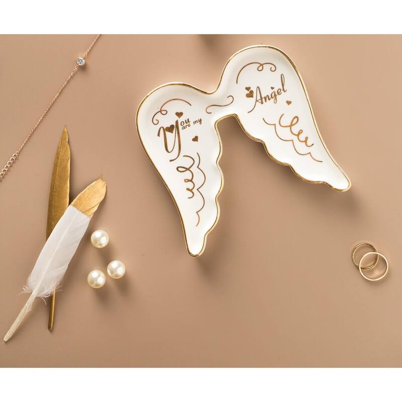 Curata White with Gold-Tone You Are My Angel Wings Ceramic Trinket Dish