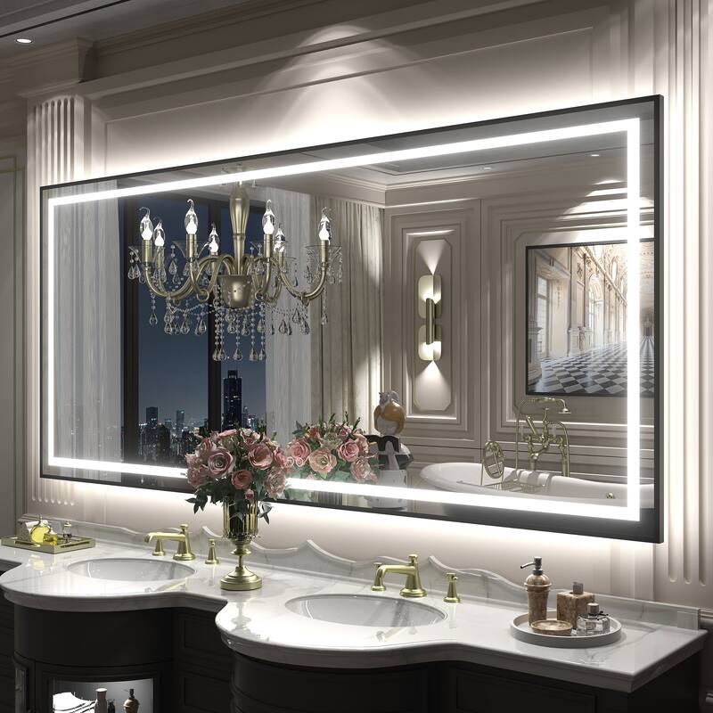 Black Metal Framed LED Front Light and Backlit Anti-Fog Wall Bathroom/ Vanity Mirror - 72" x 32"-Square Corner - Black