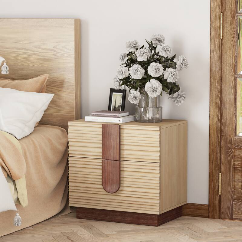 COZAYH Modern Farmhouse Dresser with Grooved Front Design, Spacious Rustic Bedside Chest for Bedroom Light Natural Wood Finish - 2-drawer