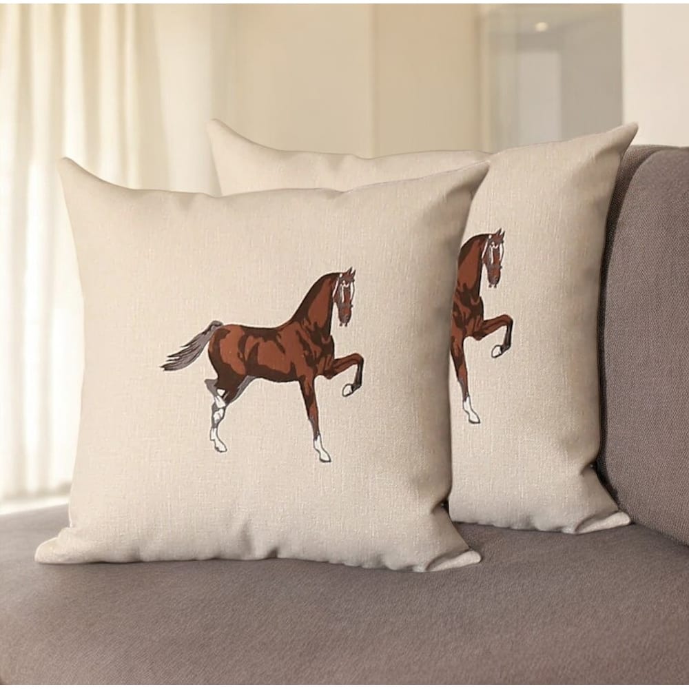 Set Of Two 18" X 18" Beige And Brown Horse Polyester Zippered Pillow With Embroidery