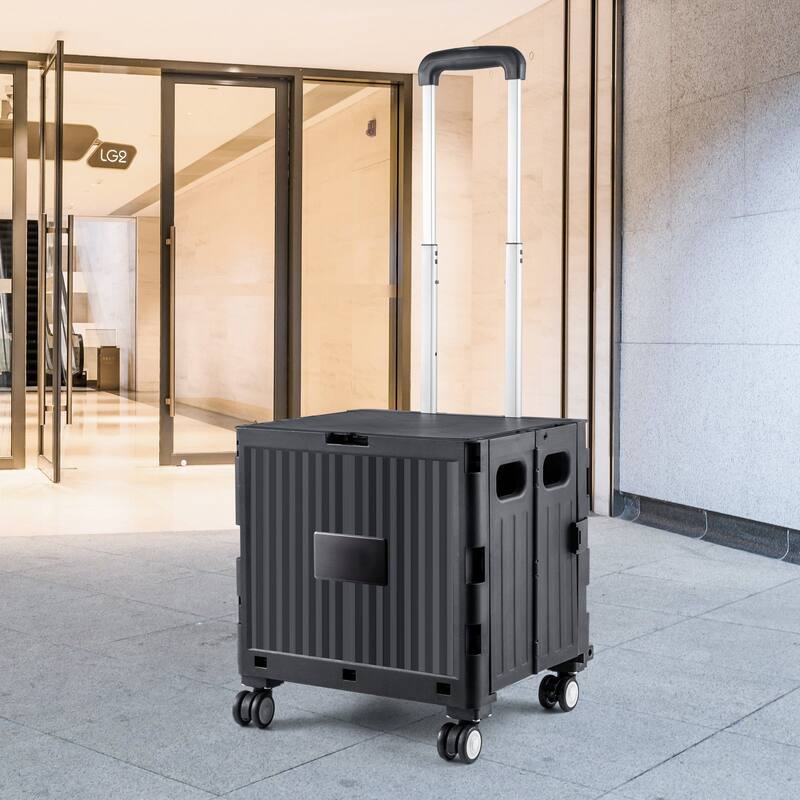 Black Plastic Foldable and Portable Utility Cart with Heavy Duty Telescoping Handle and 4 Rotate Wheels