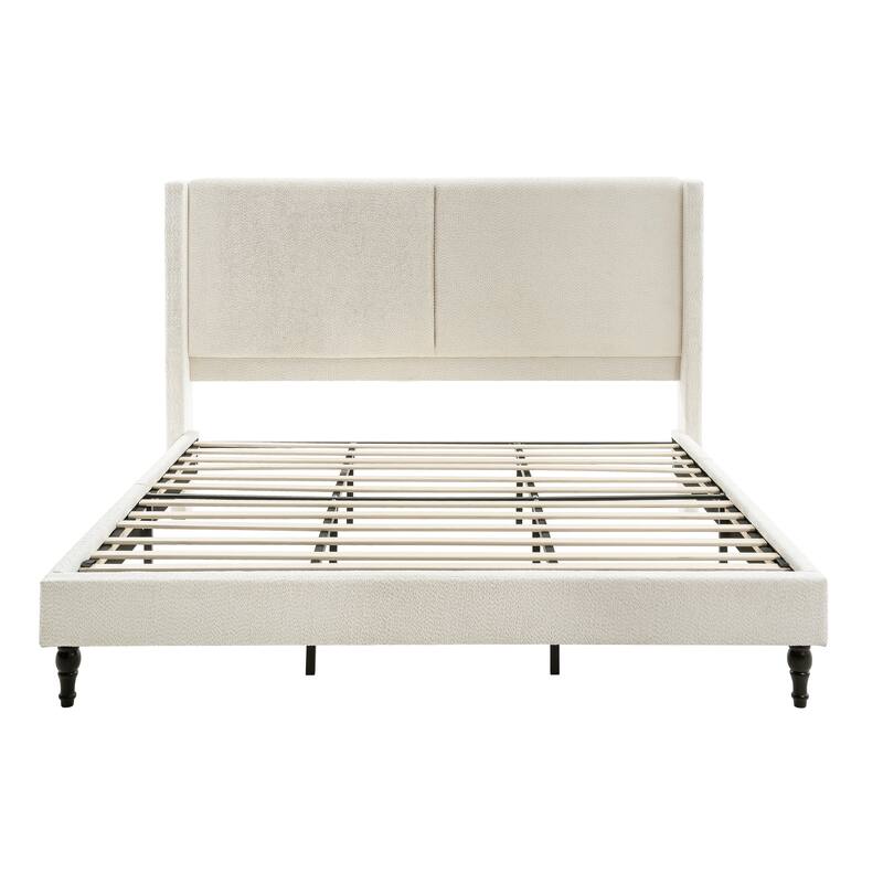 Boucle Upholstered Platform Bed with 55.5" High Wingback Headboard, Slats Support, Solid Wood Feet and Optional King or Queen