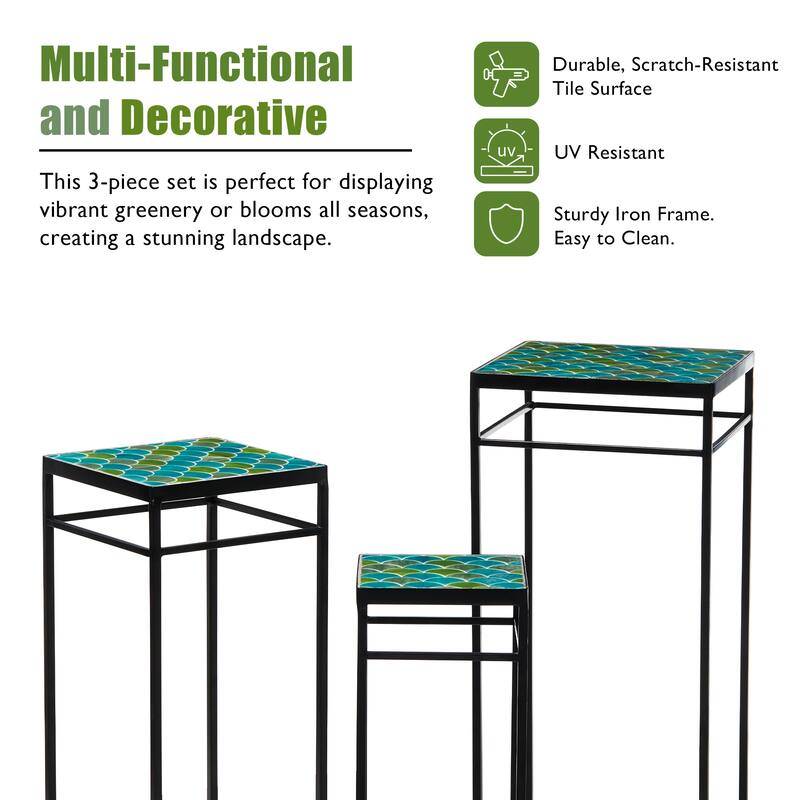 Glitzhome Set of 3 Metal Nesting Planter Stands Square Plant Holder with Green Pattern Ceramic Tiles Table Top