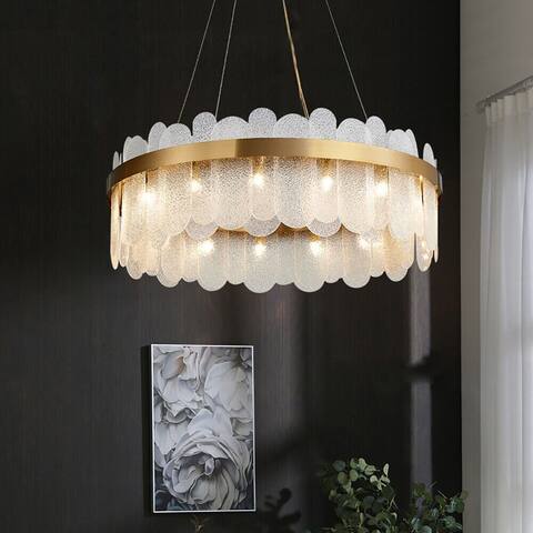 Glam Gold Chandelier Light Adjustable Height Glass Drum Pendant