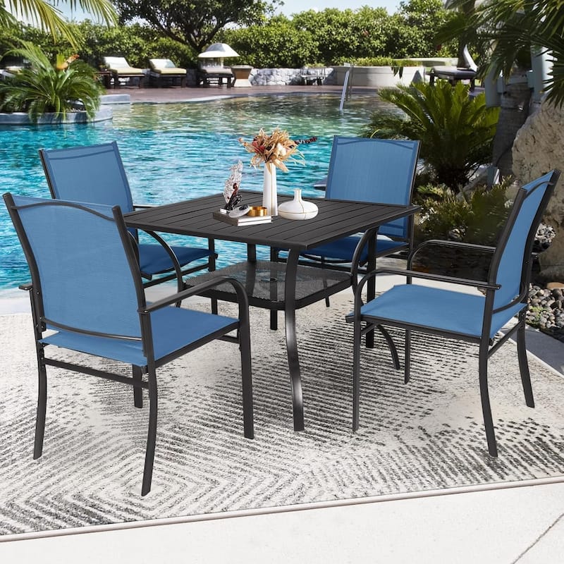 5 Piece Outdoor Patio Metal Dining Set of 6 Textilene Chairs and Square Table with Umbrella Hole