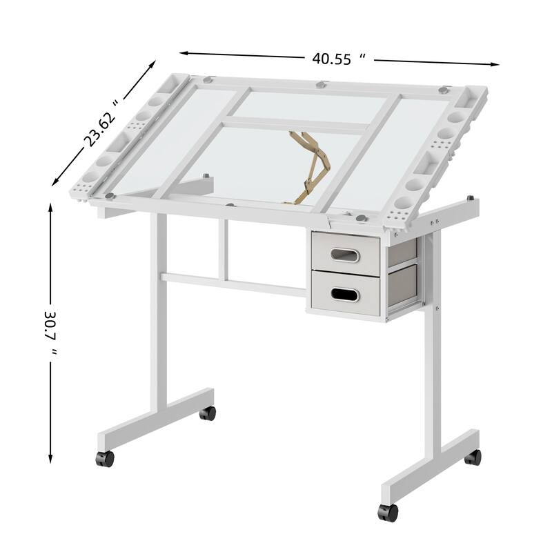 Adjustable Art Drawing Desk Craft Station Drafting with 2 fabric Drawers and 4 Wheels (white)