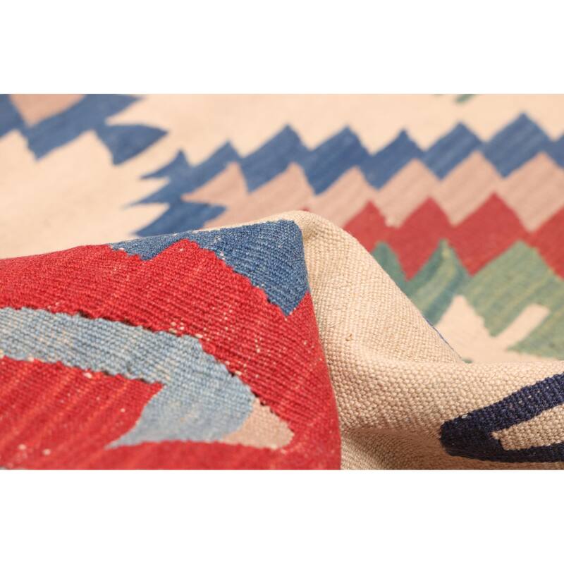 ECARPETGALLERY Flat-Weave Bold and Colorful Cream Wool Kilim - 3'8 x 5'7