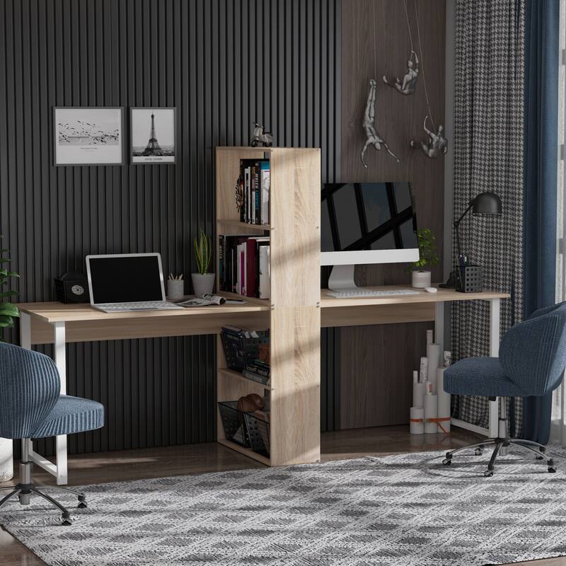 88" Double Computer Desk with Storage Shelves and Bookshelf - Natural