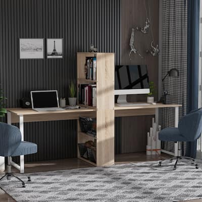 88" Double Computer Desk with Storage Shelves and Bookshelf
