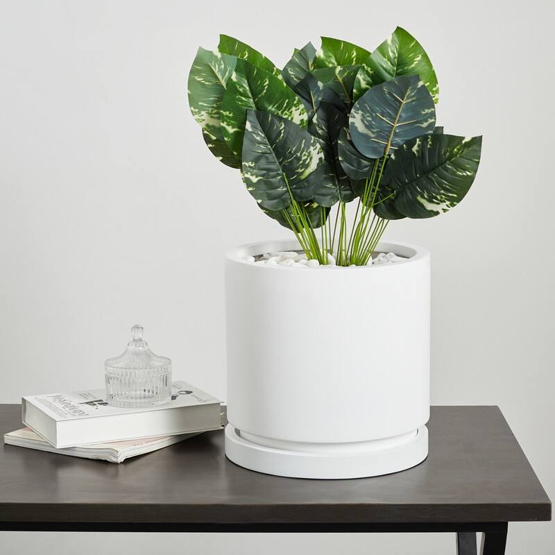 Indoor/Outdoor Large 1-Piece Nordic Minimalist Fiberstone Lightweight Round Planter Pot With Saucer - 15, 11 inch Matte Finish