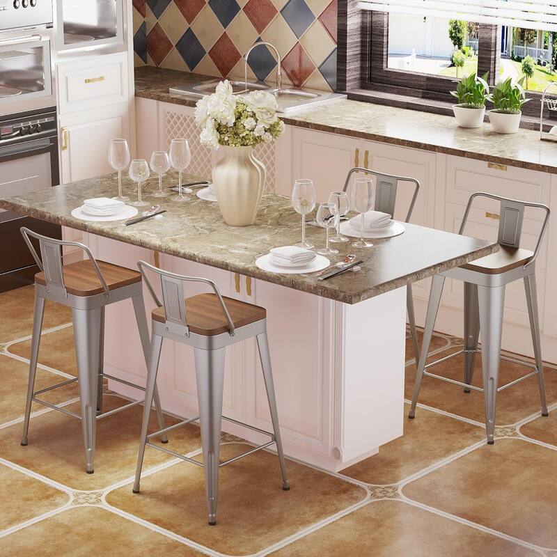 Counter & Bar Stools with Metal Frame Kitchen Stools with Low Back Kitchen Bar Furniture Stools with Square Wooden Seat