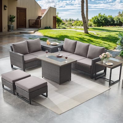 Patio Sofa Ottoman Set with Fire Pit Table - Grey cushion - Brown