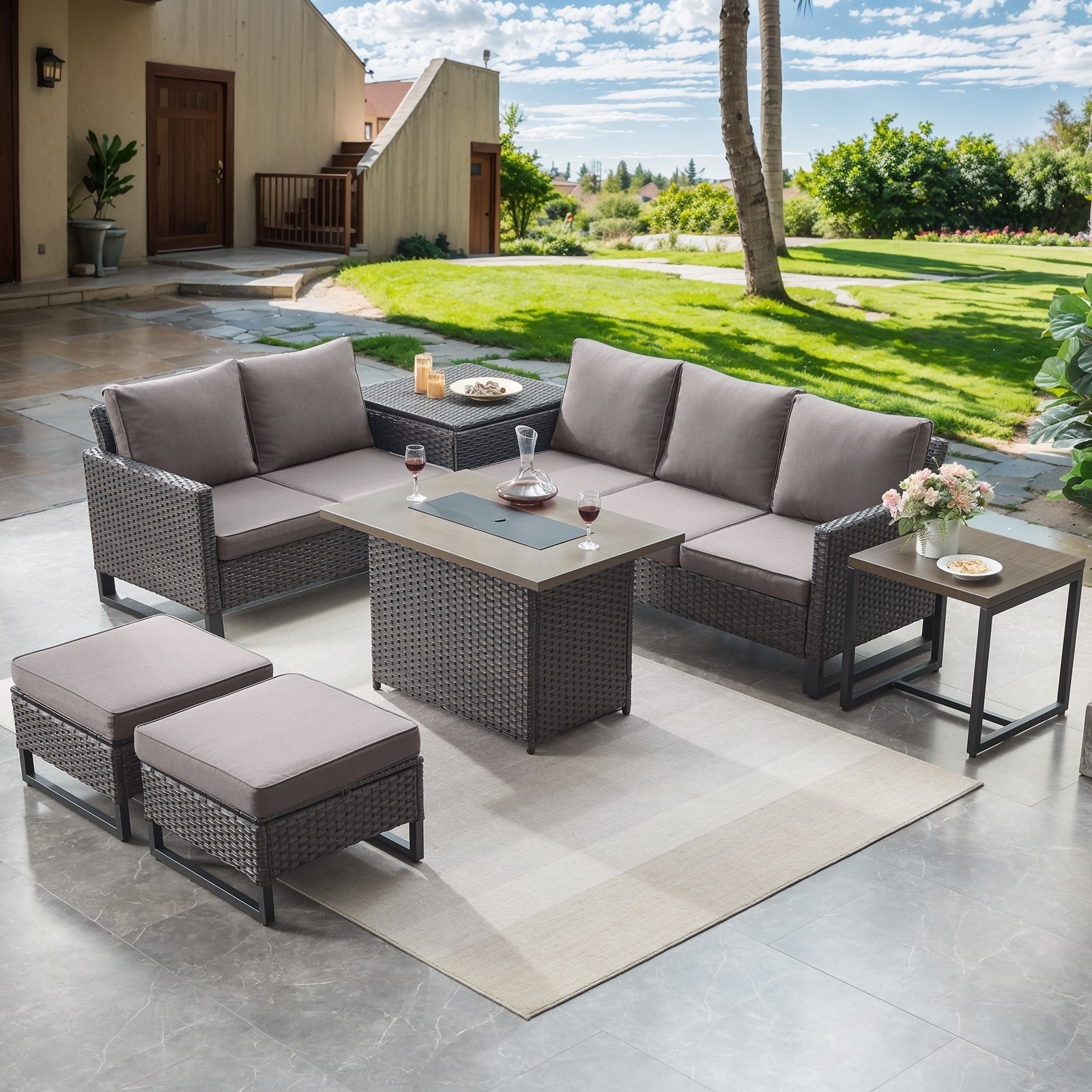 Patio Sofa Ottoman Set with Fire Pit Table - Grey cushion - Brown