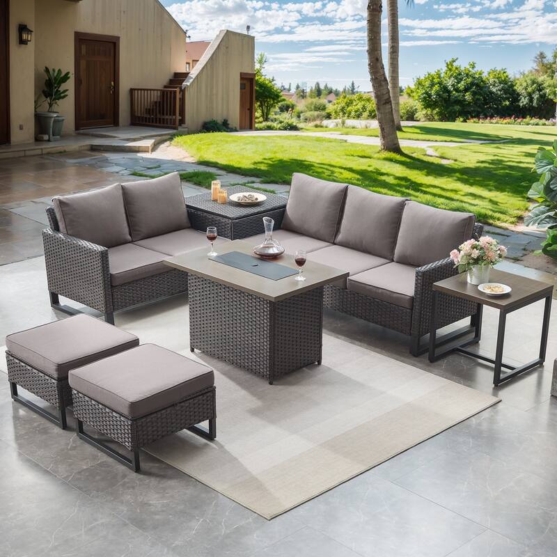 Patio Sofa Ottoman Set with Fire Pit Table - Grey - Brown