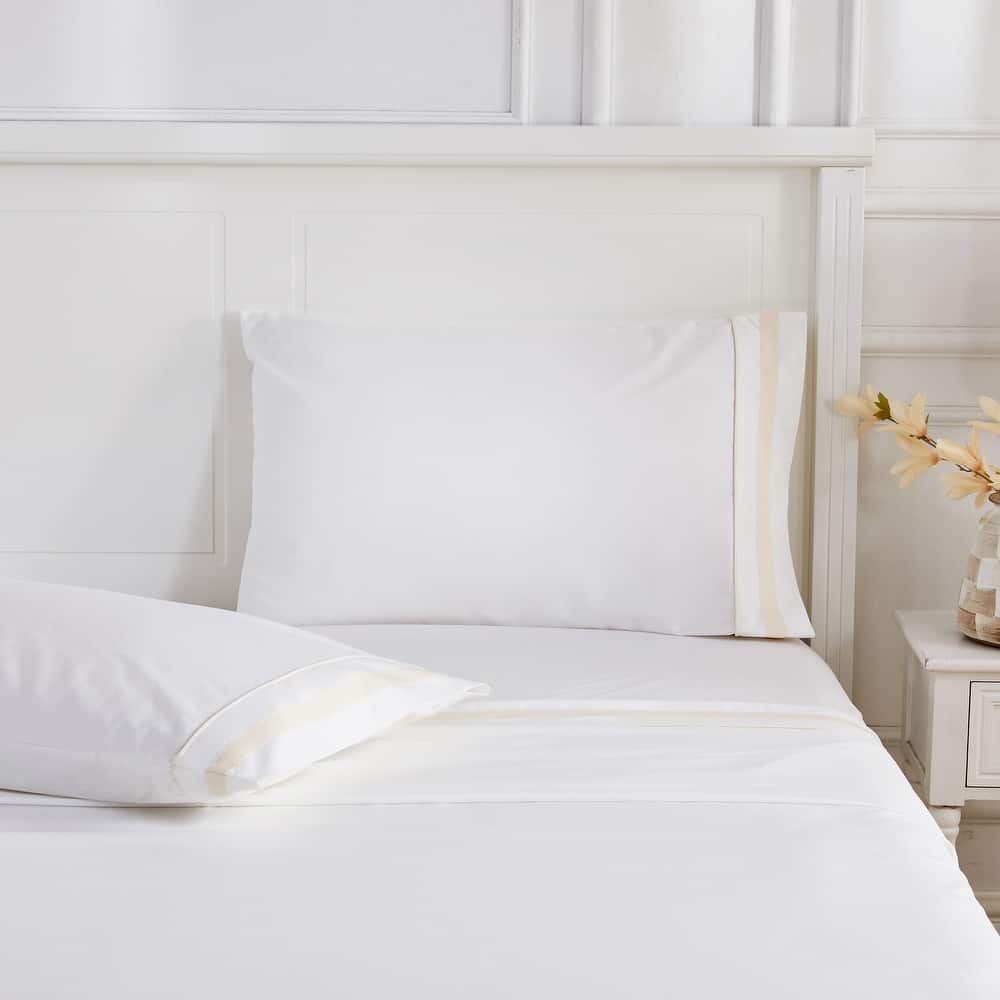 Percale Cotton Hotel Piping Embroidered Crisp Sheet Set