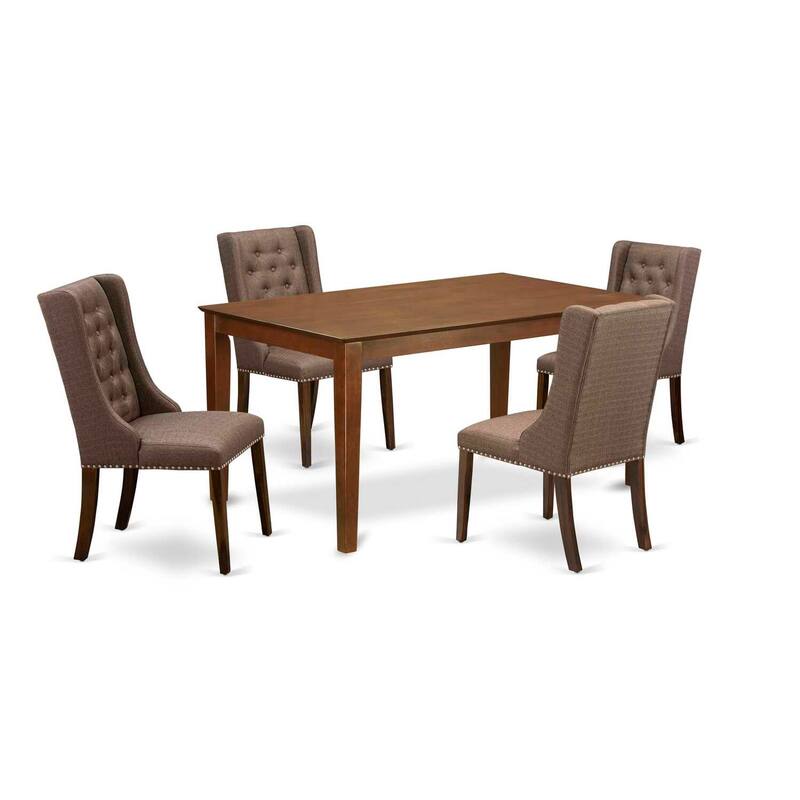 5-Piece Natural Brown Finish Solid Wood Top - Rectangular Button Tufted Dining Room Set - Seats 4