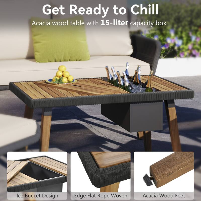 6-Piece Rope Patio Furniture Set with Acacia Wood Cool Bar Table