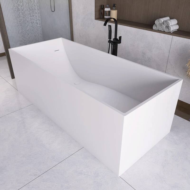 67 Inch Solid Surface Freestanding Soaking Bathtub in Matte White