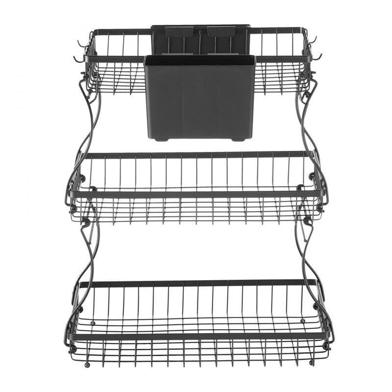 Kitchen Countertop Fruit Storage Rack 3-Tier Matte Black Wire Basket with Side Storage Pouches - 15.16” x 9.06” x 17.91”