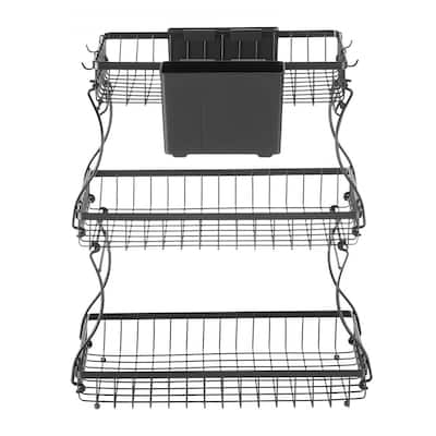 Kitchen Countertop Fruit Storage Rack 3-Tier Matte Black Wire Basket with Side Storage Pouches - 15.16” x 9.06” x 17.91”