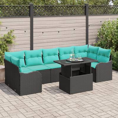 vidaXL 8 Piece Garden Sofa Set with Cushions Black Poly Rattan - 113.8×48.2×27.2