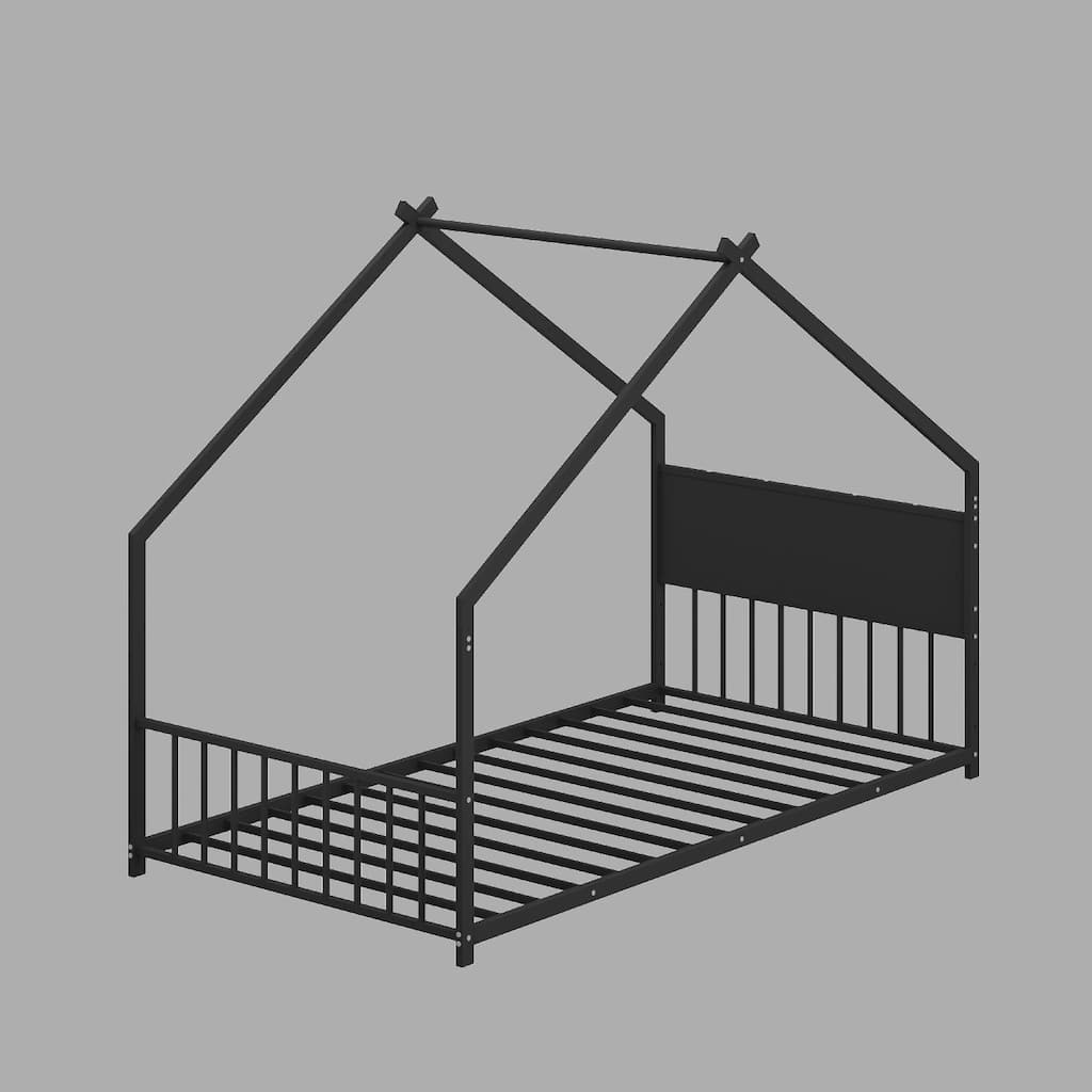Kids Twin Size House Bed with Roof, LED Lights, Sturdy Metal Frame, No Box Spring Needed, Safe Low Floor Bed for Boys & Girls