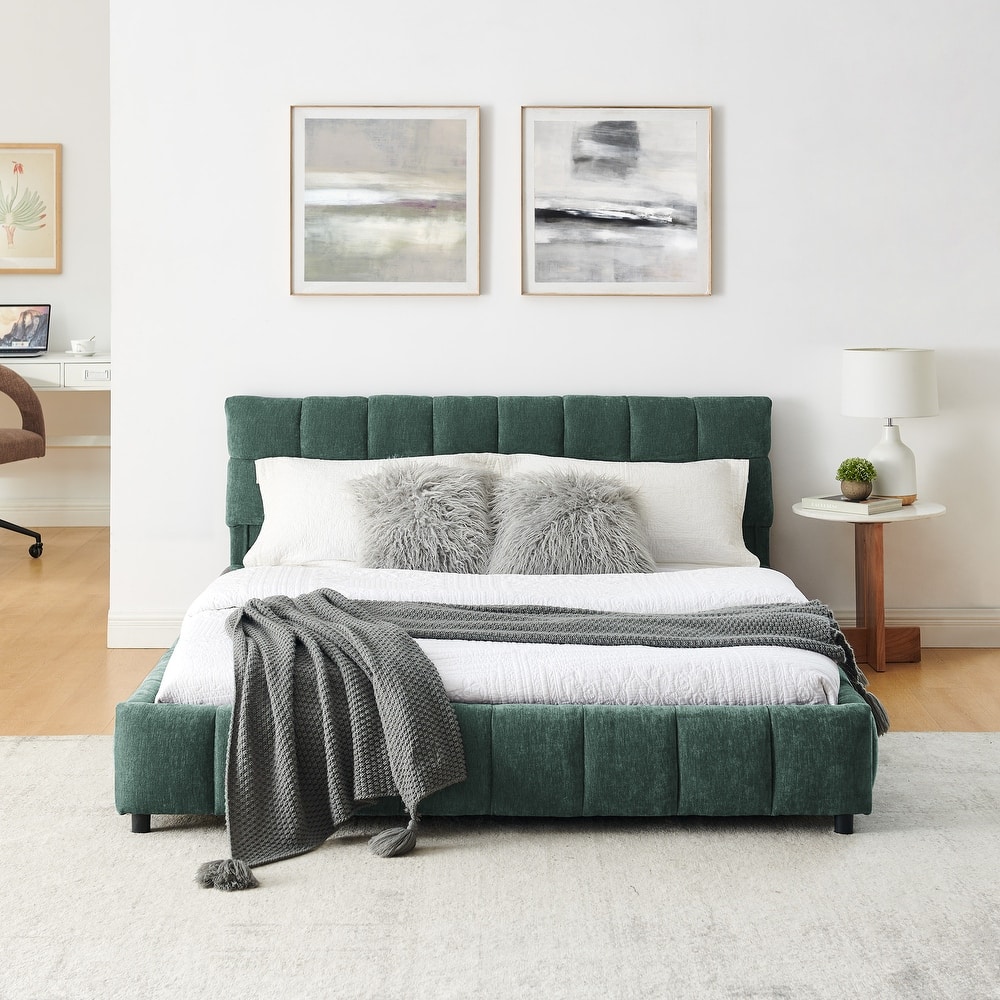 Modern Upholstered Queen Platform Bed Frame w/4 Storage Drawers, Soft Headboard, Grounded Chenille Fabric Bed Frame for Bedroom